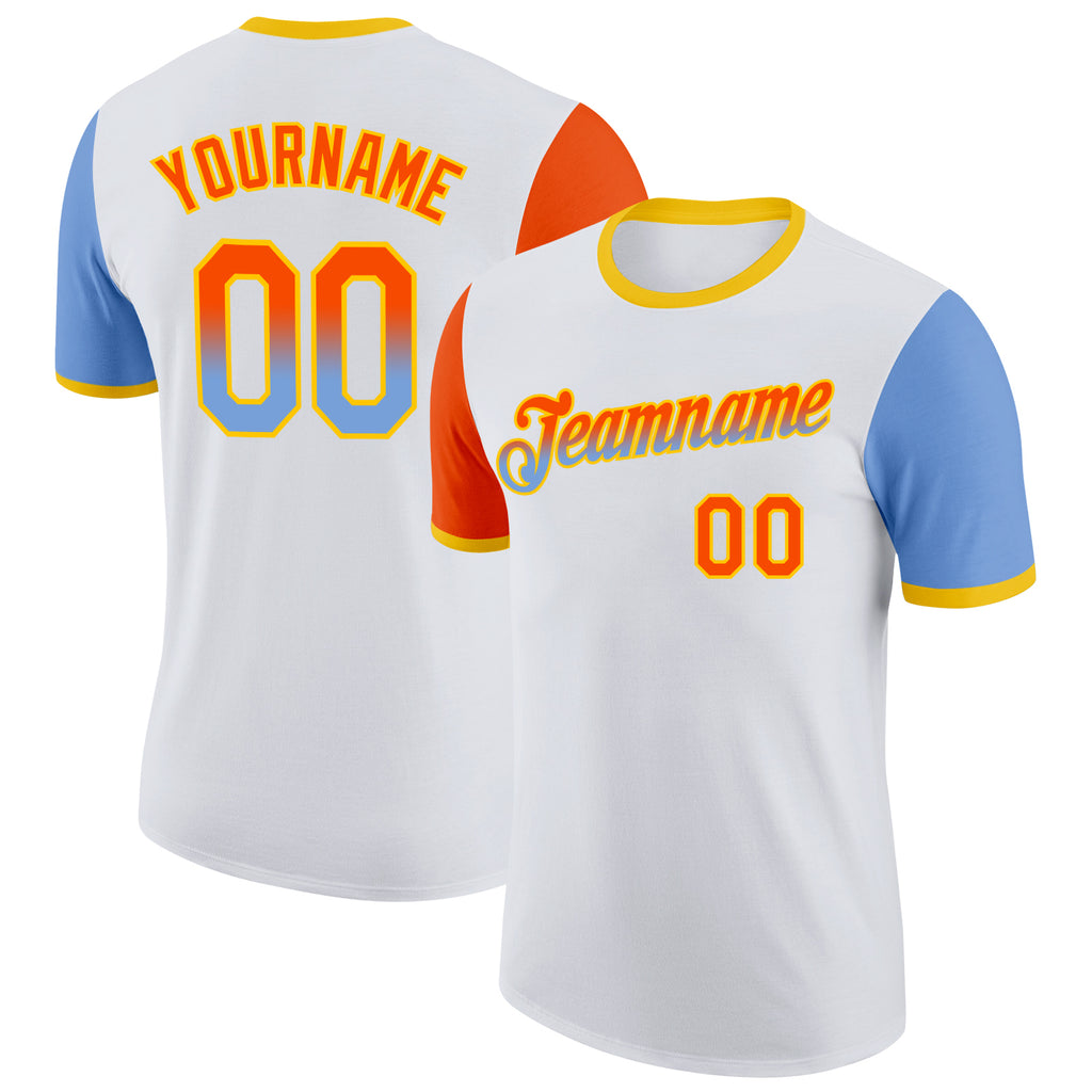Custom White Orange Powder Blue-Yellow Gradient Two Tone Performance T-Shirt