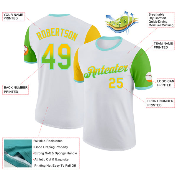 Custom White Yellow Aurora Green-Ice Blue Gradient Two Tone Performance T-Shirt