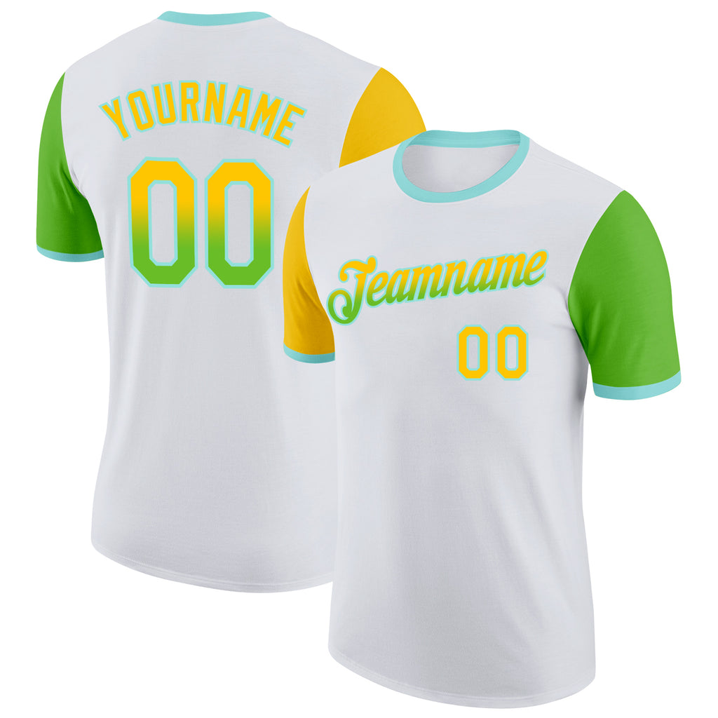 Custom White Yellow Aurora Green-Ice Blue Gradient Two Tone Performance T-Shirt