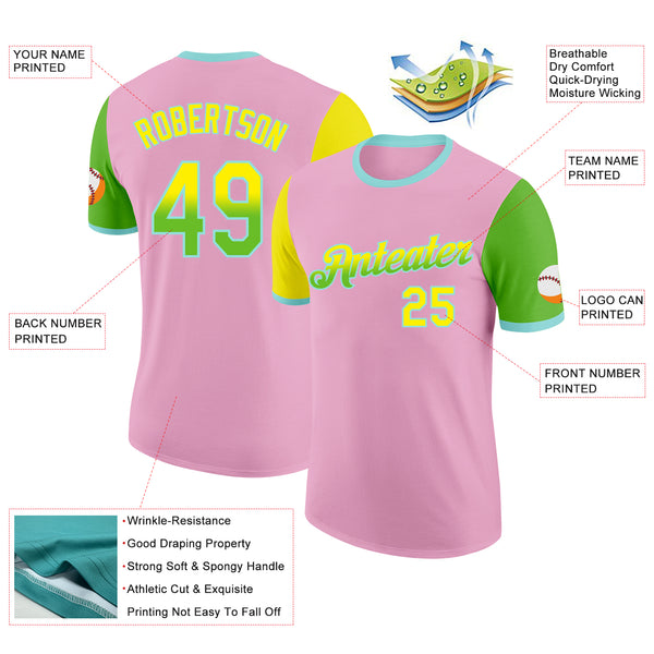 Custom Light Pink Light Yellow Aurora Green-Ice Blue Gradient Two Tone Performance T-Shirt