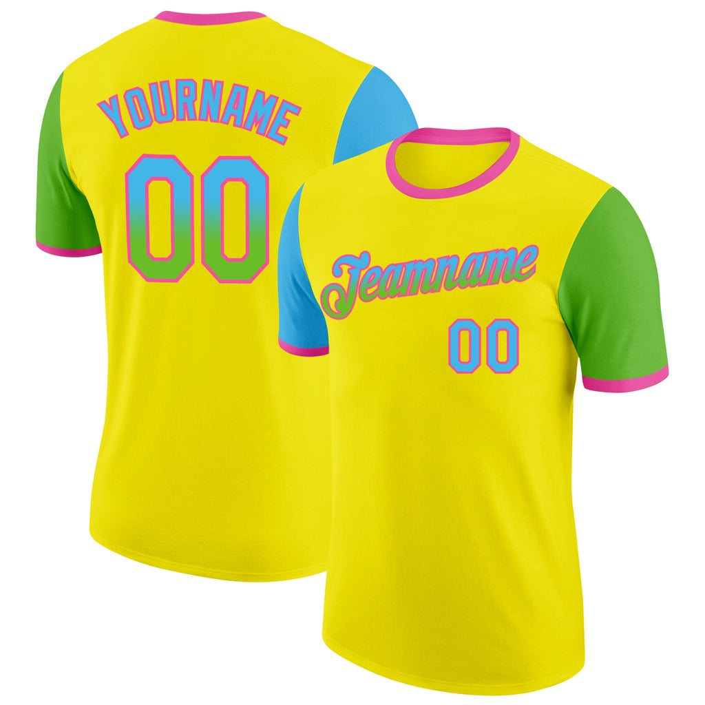 Custom Light Yellow Sky Blue Aurora Green-Pink Gradient Two Tone Performance T-Shirt