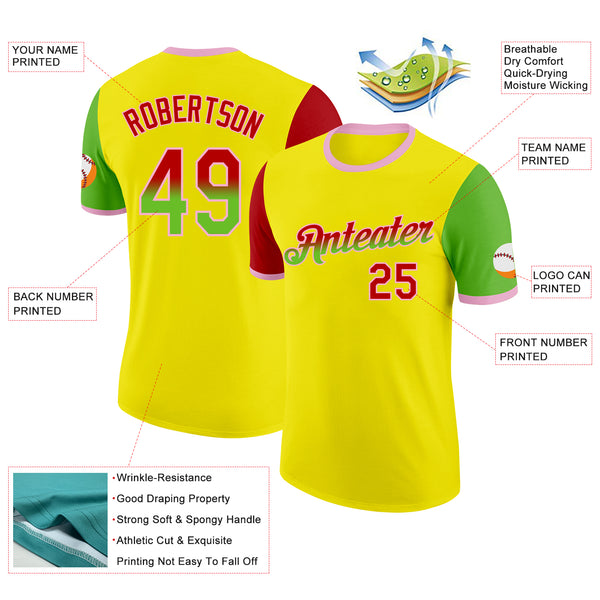 Custom Light Yellow Red Aurora Green-Light Pink Gradient Two Tone Performance T-Shirt