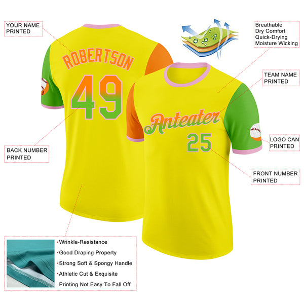 Custom Light Yellow Bay Orange Aurora Green-Light Pink Gradient Two Tone Performance T-Shirt