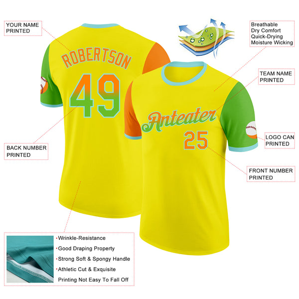 Custom Light Yellow Bay Orange Aurora Green-Ice Blue Gradient Two Tone Performance T-Shirt