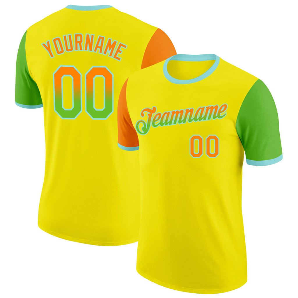 Custom Light Yellow Bay Orange Aurora Green-Ice Blue Gradient Two Tone Performance T-Shirt