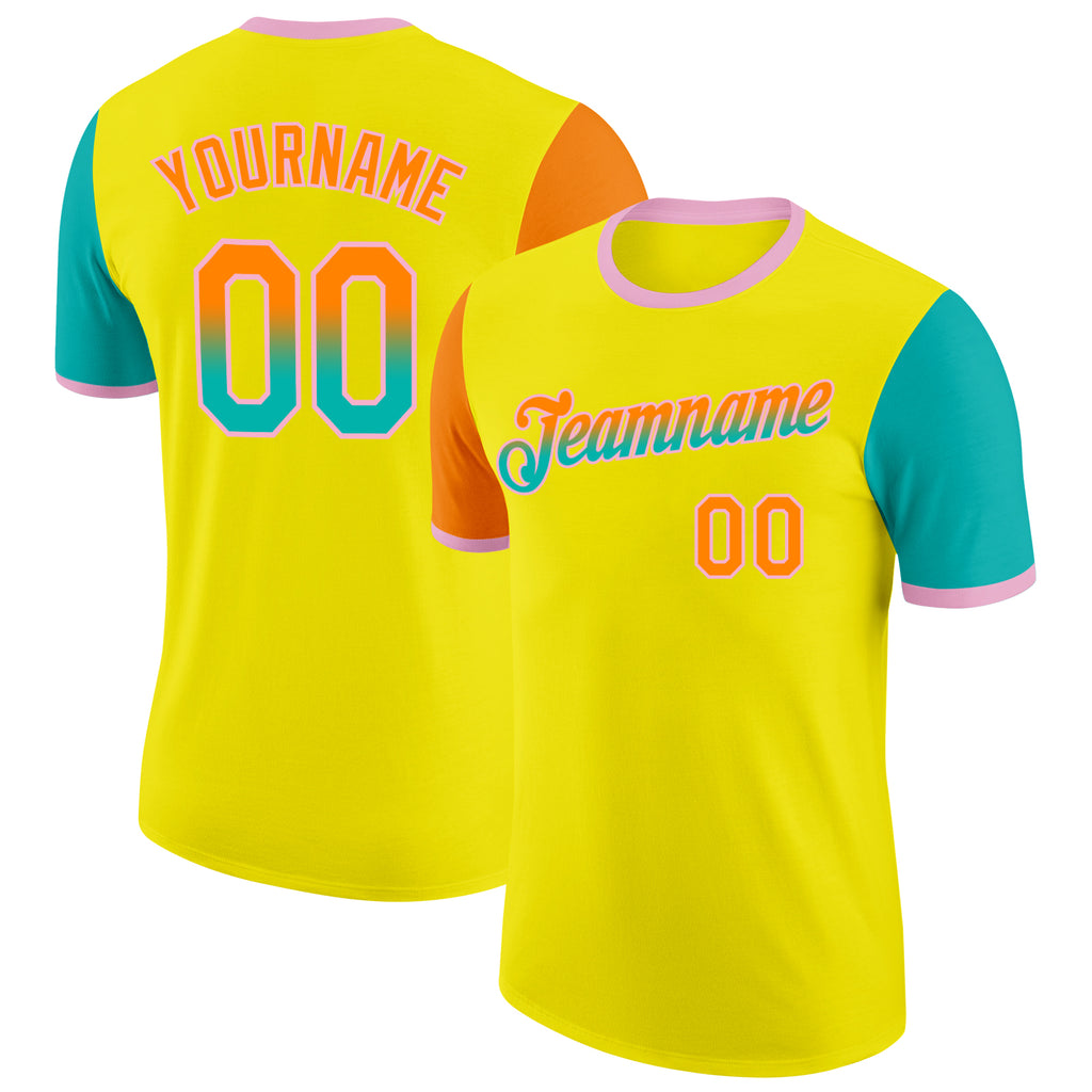 Custom Light Yellow Bay Orange Aqua-Light Pink Gradient Two Tone Performance T-Shirt