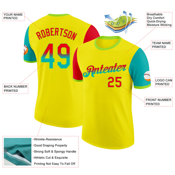 Custom Light Yellow Fire Red Aqua-Neon Green Gradient Two Tone Performance T-Shirt
