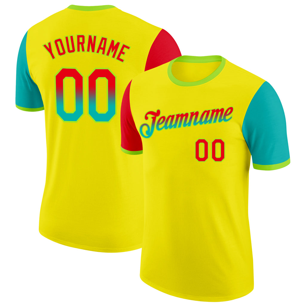 Custom Light Yellow Fire Red Aqua-Neon Green Gradient Two Tone Performance T-Shirt