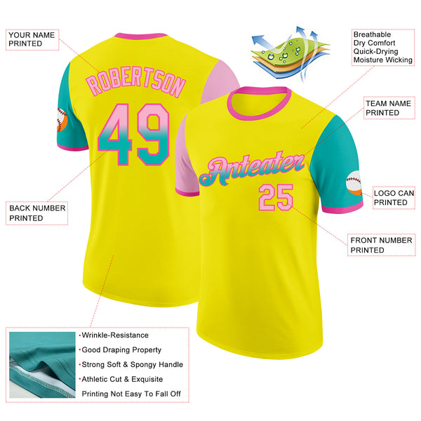 Custom Light Yellow Light Pink Aqua-Pink Gradient Two Tone Performance T-Shirt