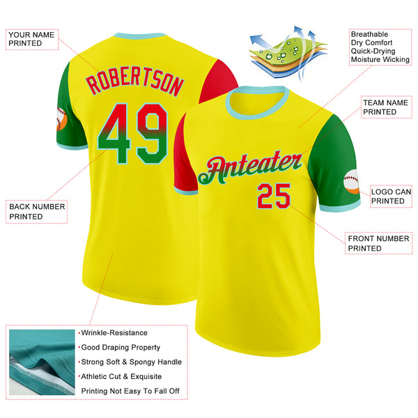 Custom Light Yellow Fire Red Grass Green-Ice Blue Gradient Two Tone Performance T-Shirt