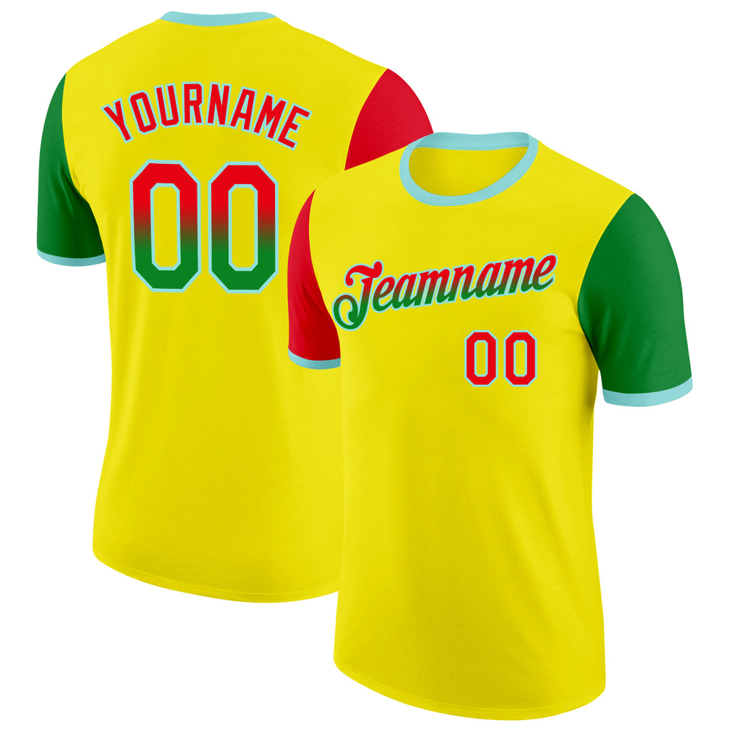 Custom Light Yellow Fire Red Grass Green-Ice Blue Gradient Two Tone Performance T-Shirt