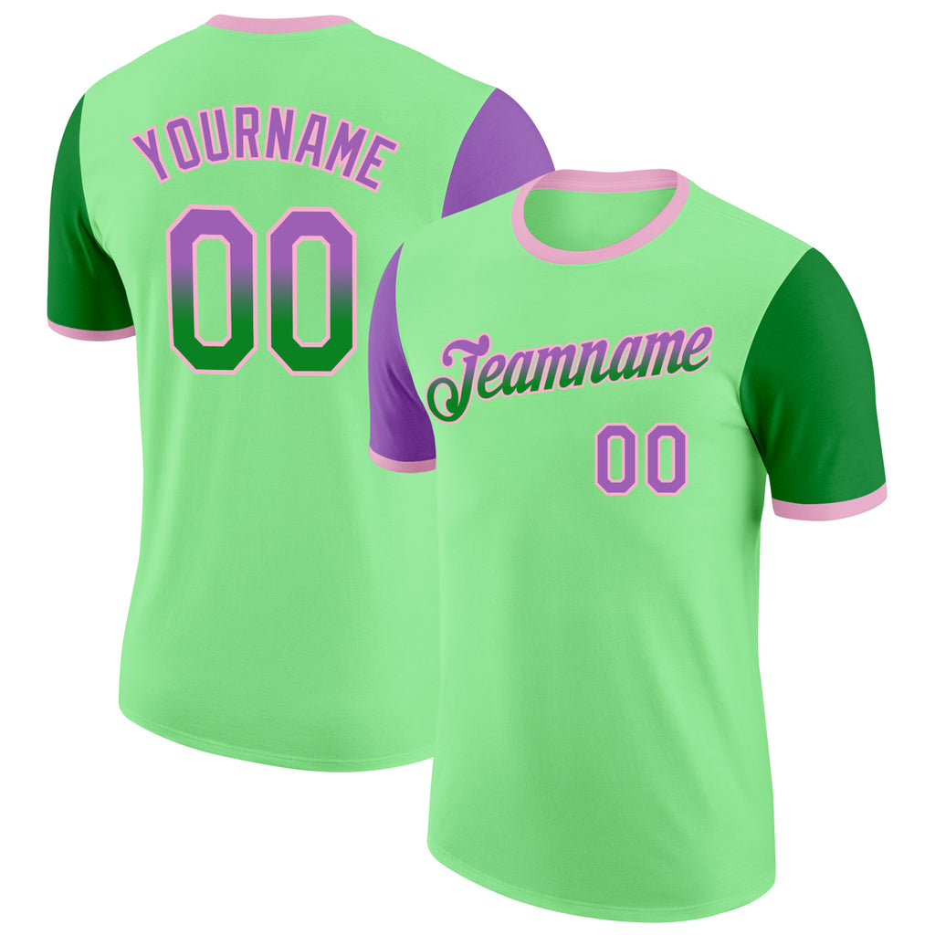 Custom Pea Green Medium Purple Grass Green-Light Pink Gradient Two Tone Performance T-Shirt