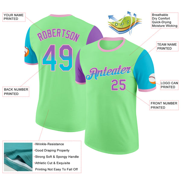 Custom Pea Green Medium Purple Lakes Blue-Light Pink Gradient Two Tone Performance T-Shirt