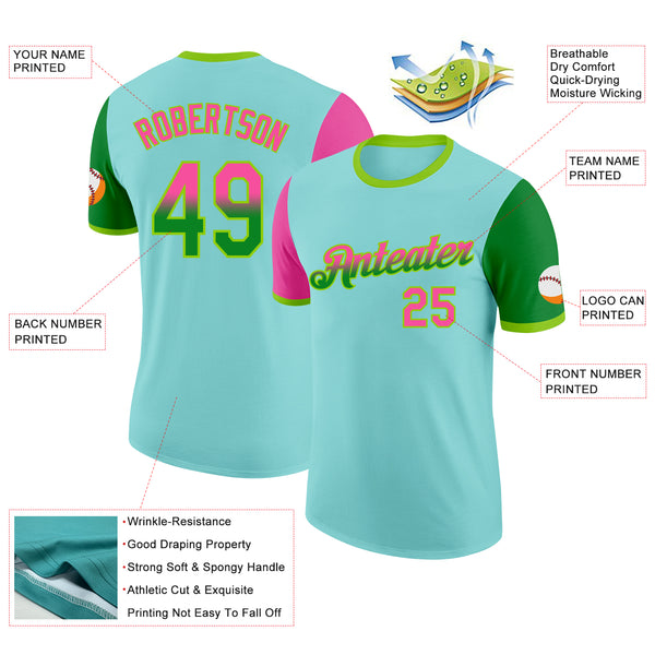 Custom Ice Blue Pink Grass Green-Neon Green Gradient Two Tone Performance T-Shirt