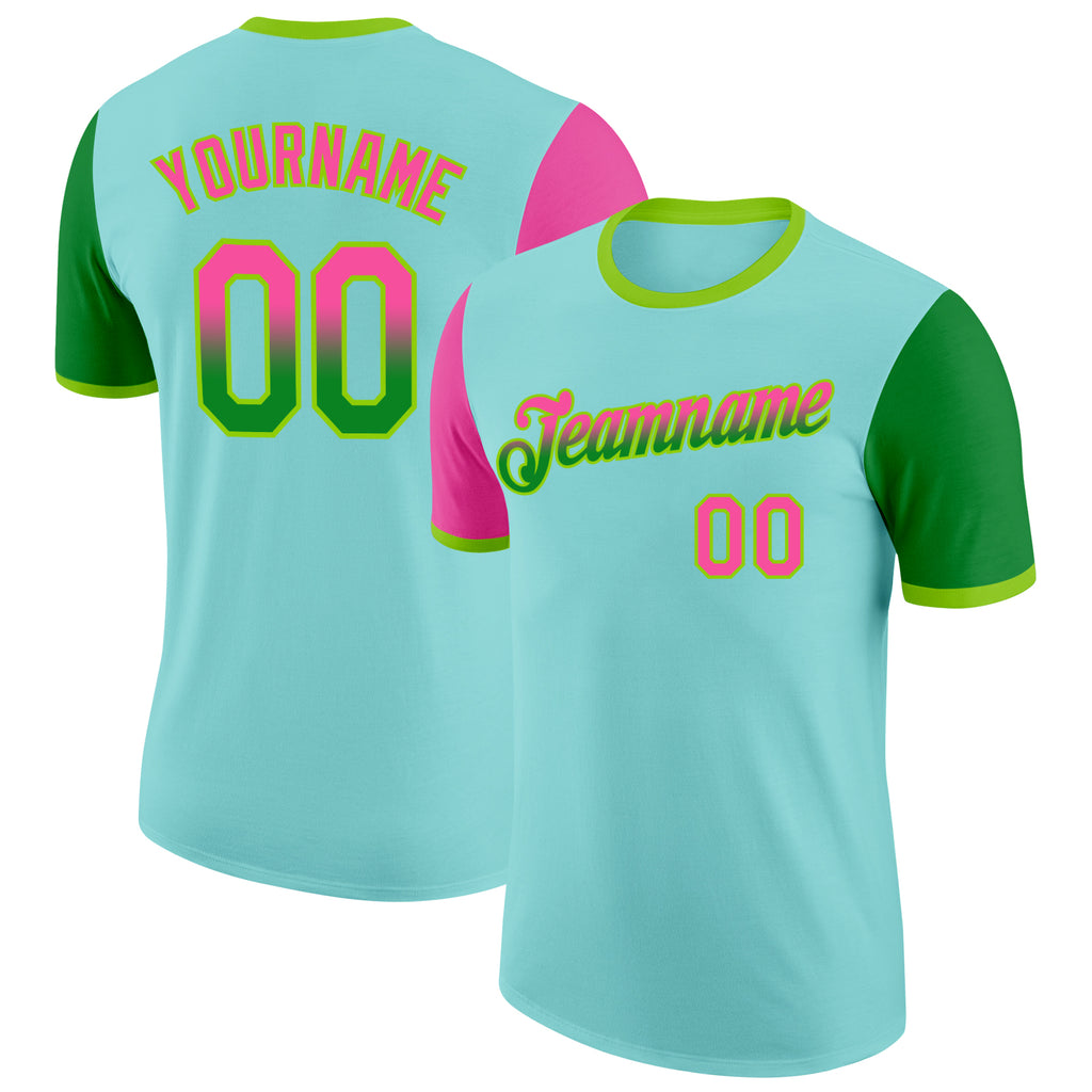 Custom Ice Blue Pink Grass Green-Neon Green Gradient Two Tone Performance T-Shirt
