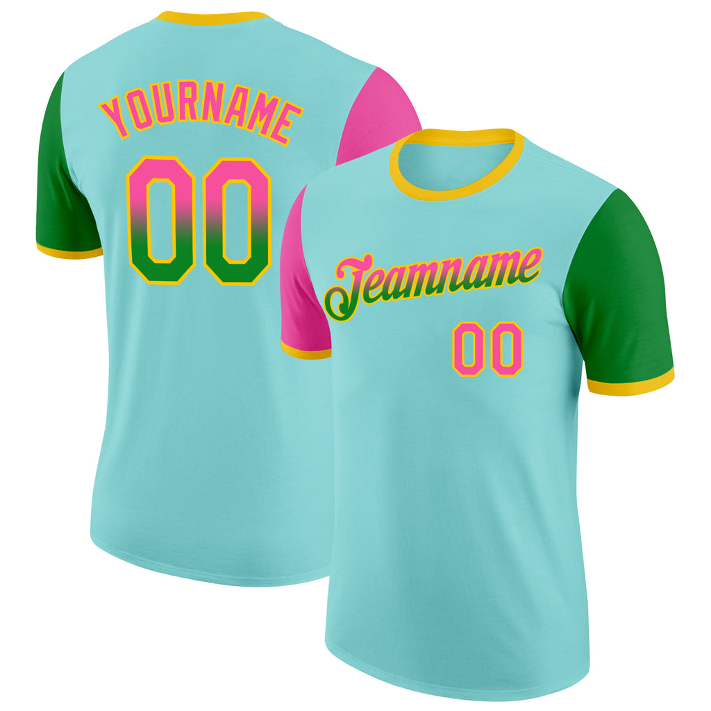 Custom Ice Blue Pink Grass Green-Yellow Gradient Two Tone Performance T-Shirt