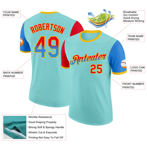 Custom Ice Blue Fire Red Powder Blue-Yellow Gradient Two Tone Performance T-Shirt