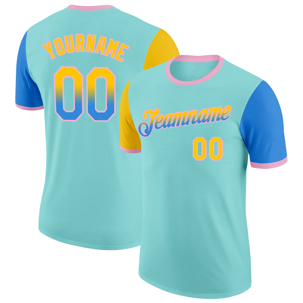 Custom Ice Blue Yellow Powder Blue-Light Pink Gradient Two Tone Performance T-Shirt