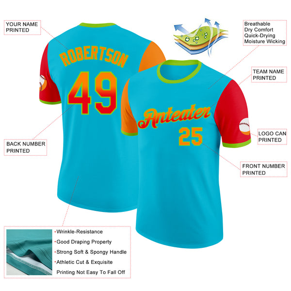 Custom Lakes Blue Bay Orange Fire Red-Neon Green Gradient Two Tone Performance T-Shirt