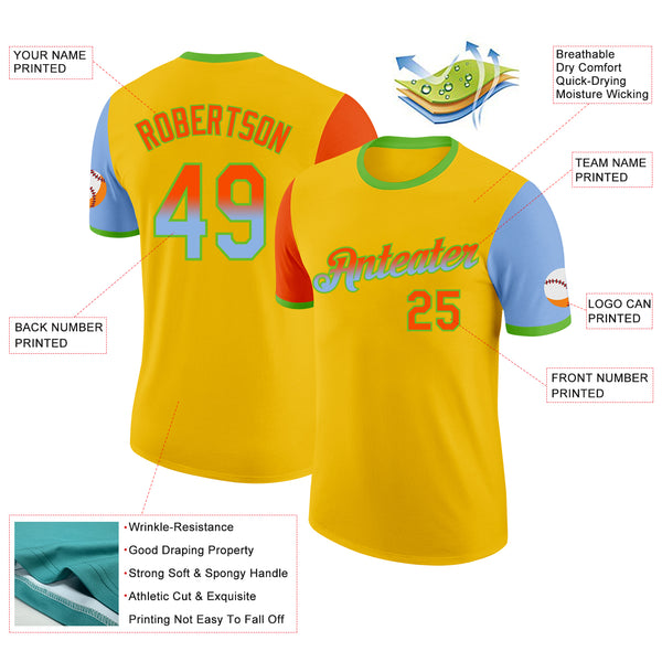 Custom Yellow Orange Light Blue-Aurora Green Gradient Two Tone Performance T-Shirt