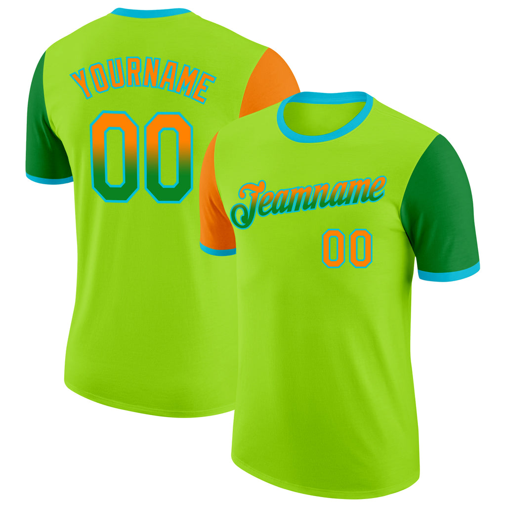 Custom Neon Green Bay Orange Grass Green-Lakes Blue Gradient Two Tone Performance T-Shirt