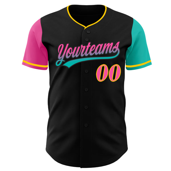 Custom Black Pink Aqua-Yellow Two Tone Gradient Authentic Baseball Jersey