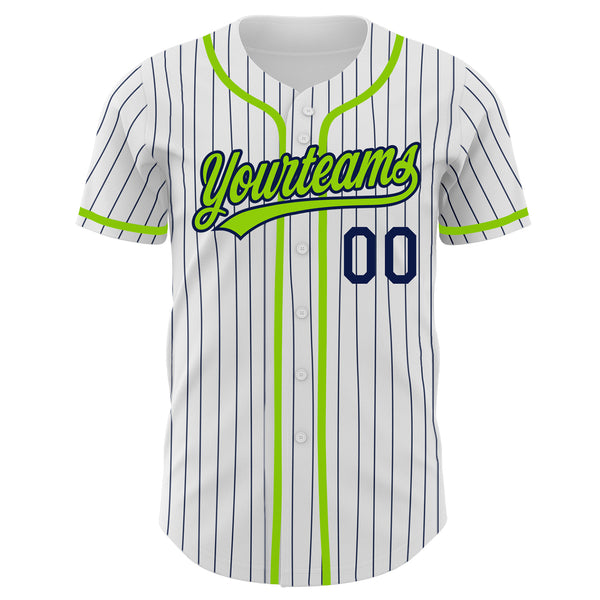 Custom White Navy Pinstripe Neon Green Authentic Baseball Jersey