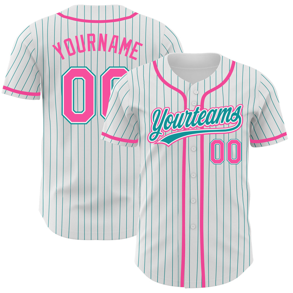 Custom White Teal Pinstripe Pink Authentic Baseball Jersey