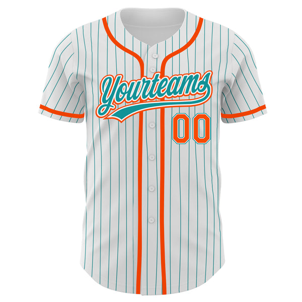 Custom White Teal Pinstripe Teal-Orange Authentic Baseball Jersey