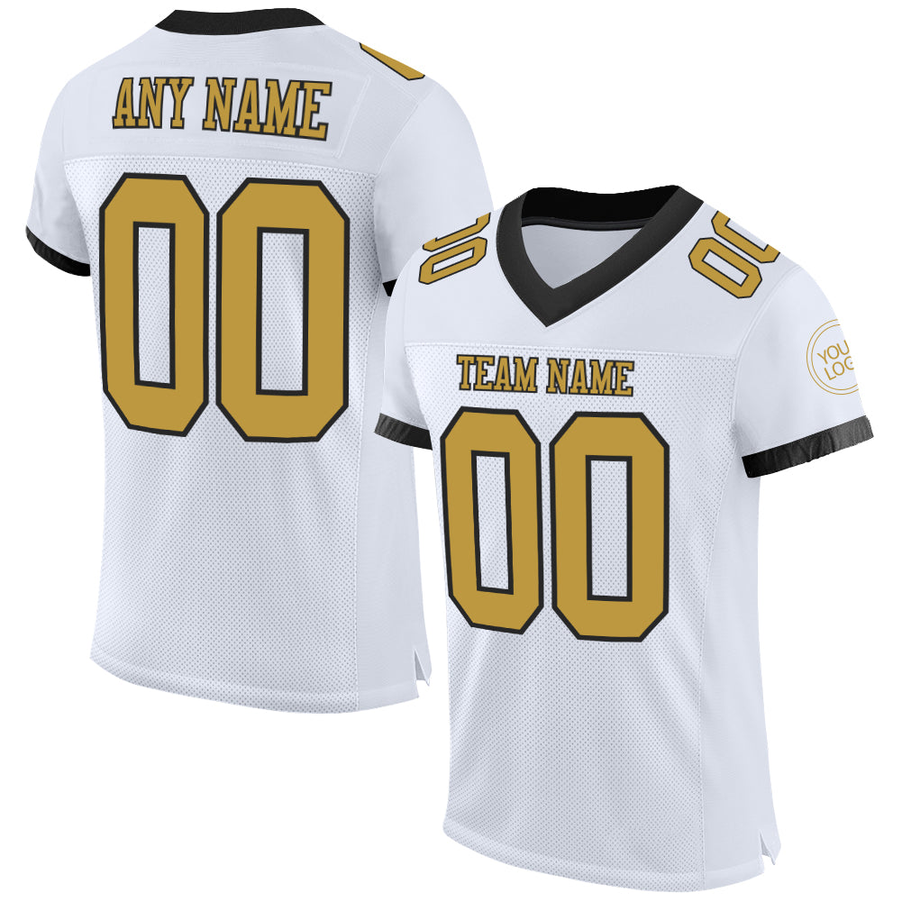 Custom White Old Gold-Black Mesh Authentic Football Jersey