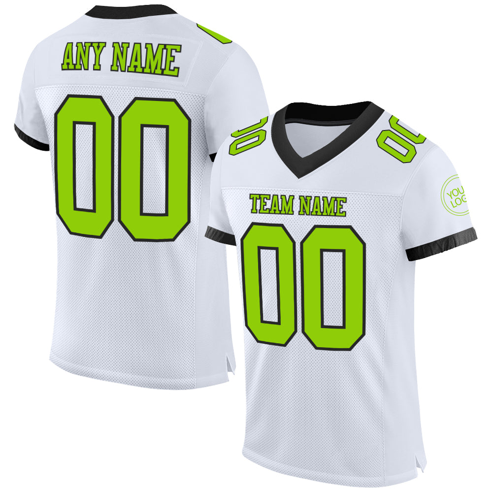 Custom White Neon Green-Black Mesh Authentic Football Jersey