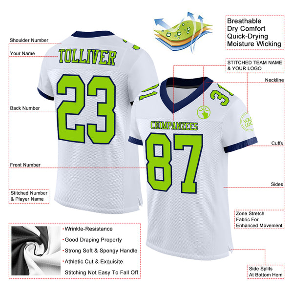 Custom White Neon Green-Navy Mesh Authentic Football Jersey