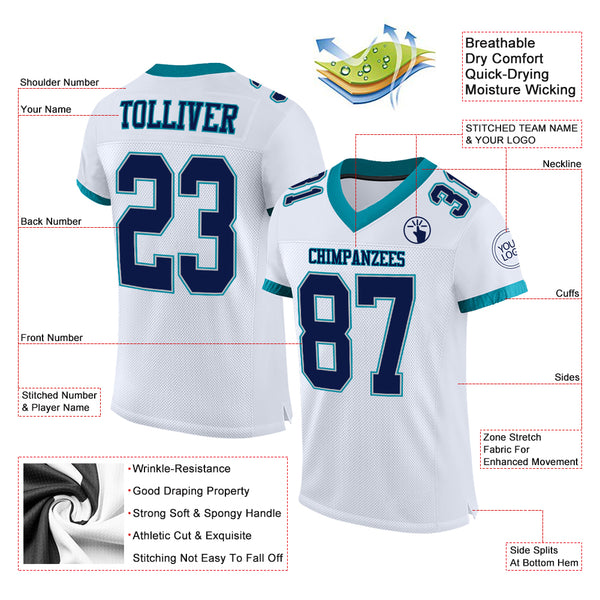 Custom White Navy Gray-Teal Mesh Authentic Football Jersey