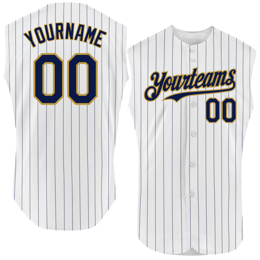 Custom White Navy Pinstripe Old Gold Authentic Sleeveless Baseball Jersey