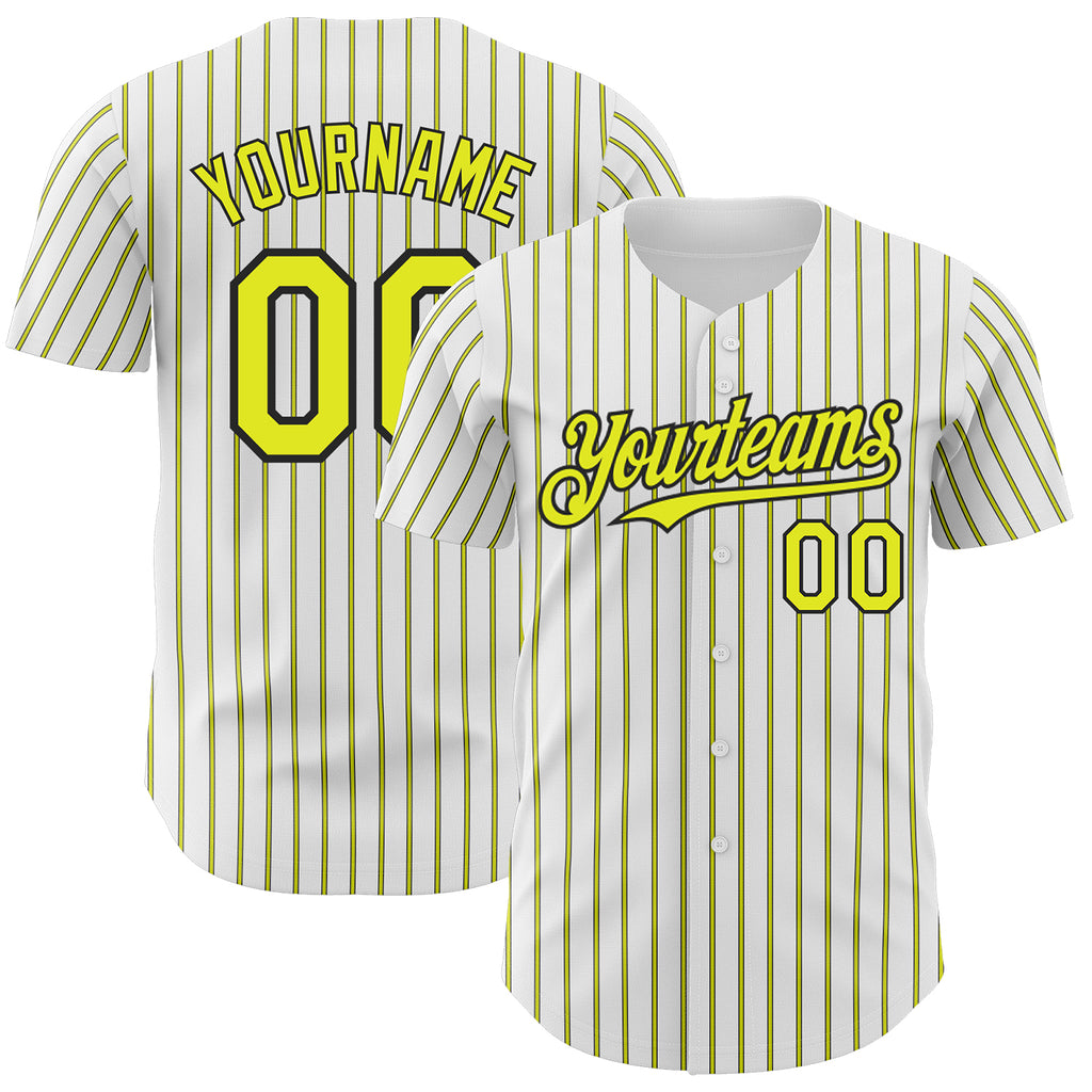 Custom White (Black Neon Yellow Pinstripe) Silver-Black Authentic Baseball Jersey