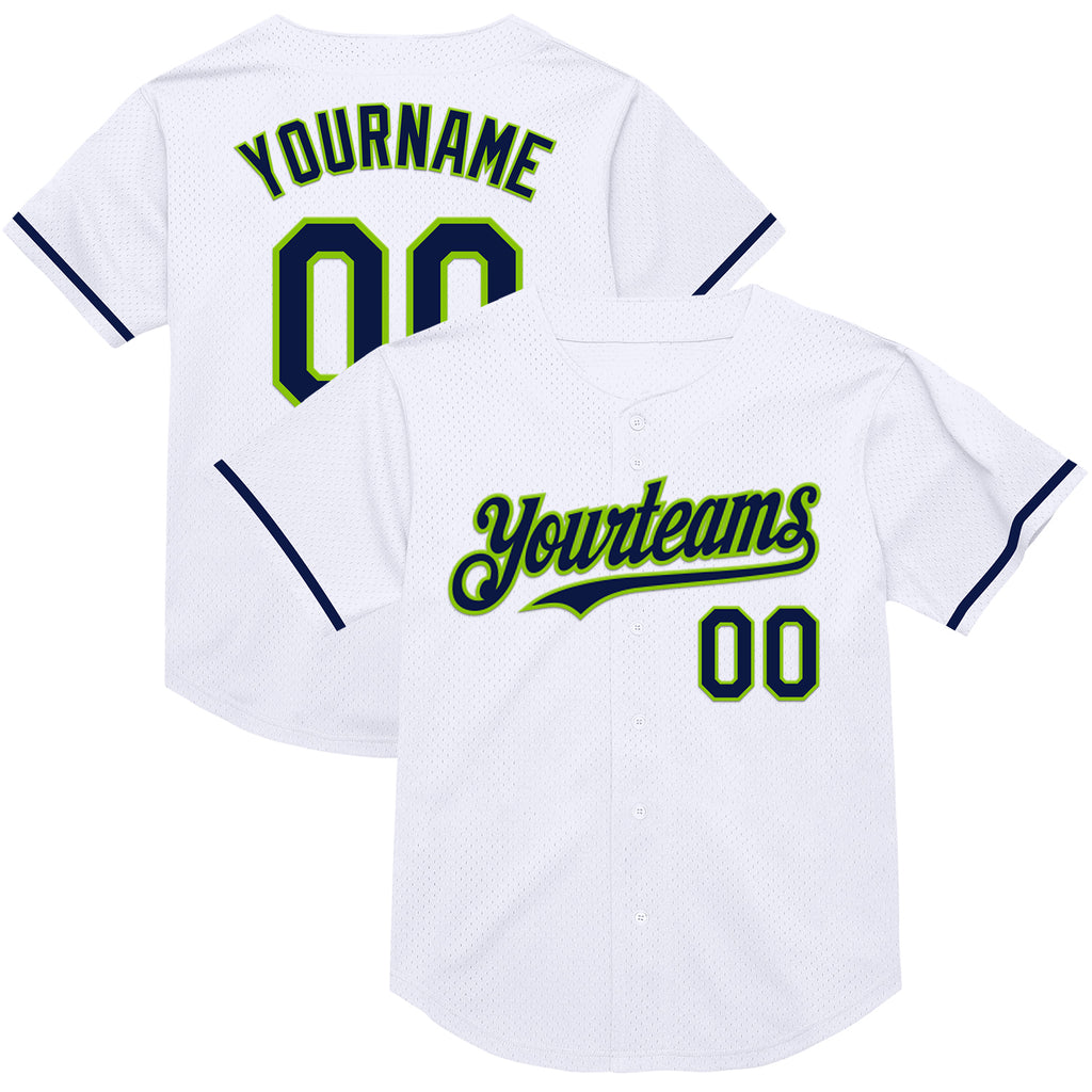 Custom White Navy-Neon Green Mesh Authentic Throwback Baseball Jersey