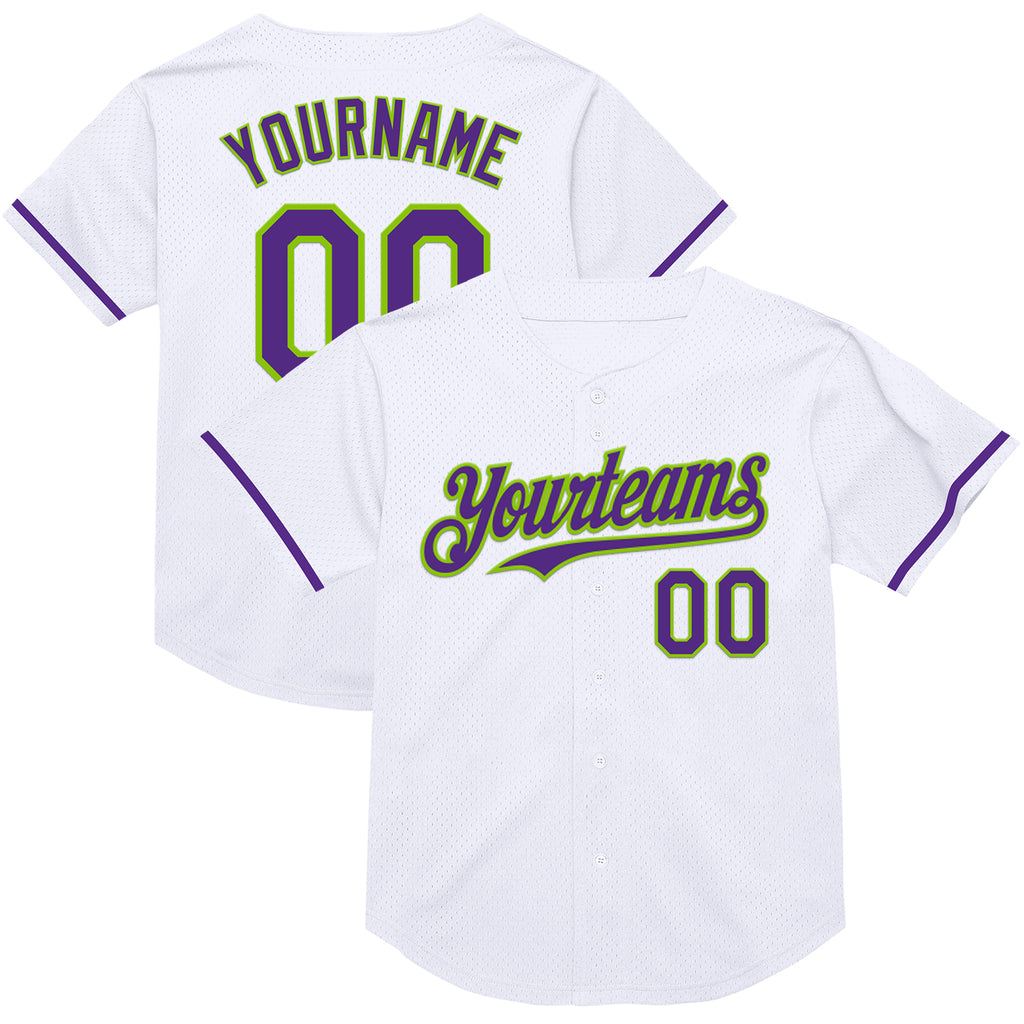 Custom White Purple-Neon Green Mesh Authentic Throwback Baseball Jersey