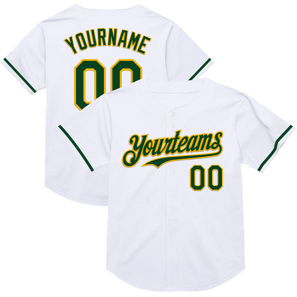 Custom White Green-Gold Mesh Authentic Throwback Baseball Jersey