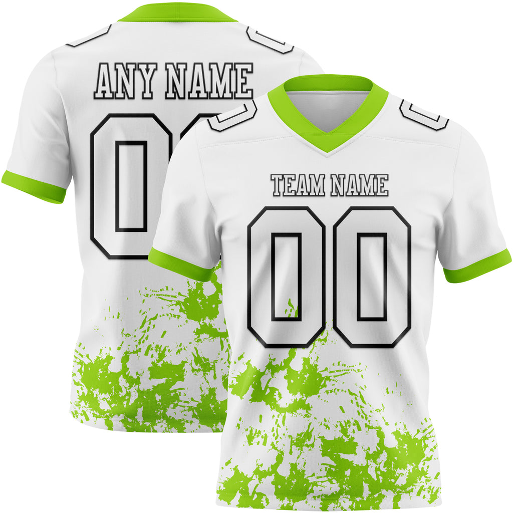 Custom White Neon Green-Black Splash Authentic Football Jersey