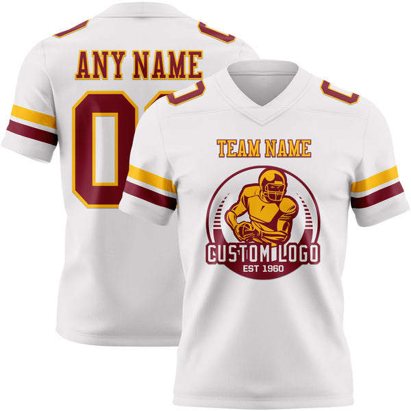 Custom White Crimson-Gold Mesh Authentic Football Jersey
