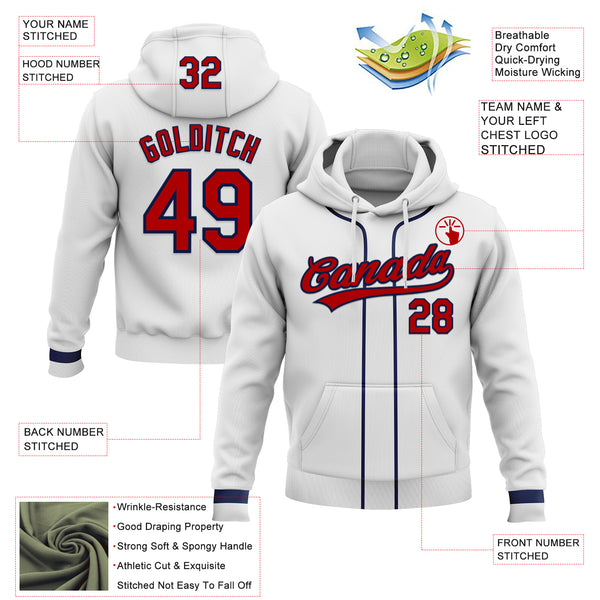 Custom Stitched White Red-Navy Baseball Pullover Sweatshirt Hoodie