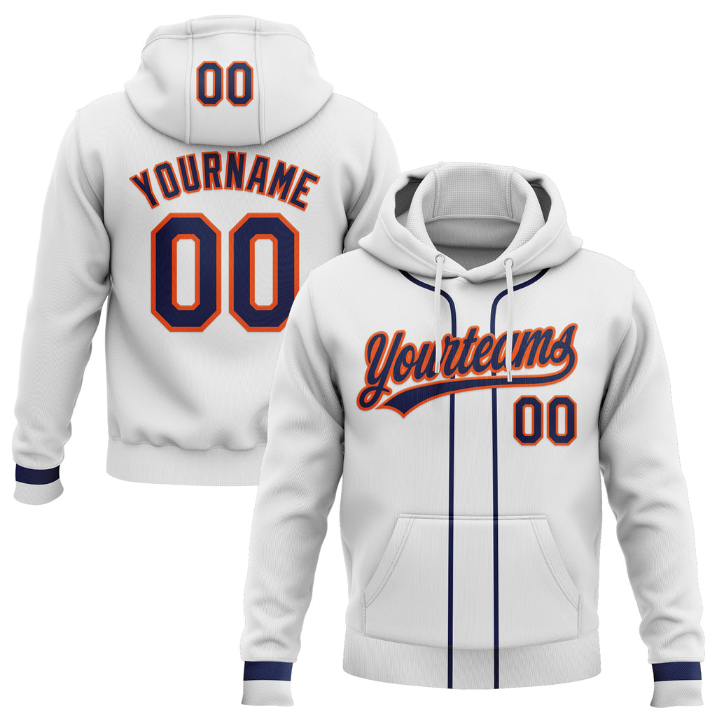 Custom Stitched White Navy-Orange Baseball Pullover Sweatshirt Hoodie