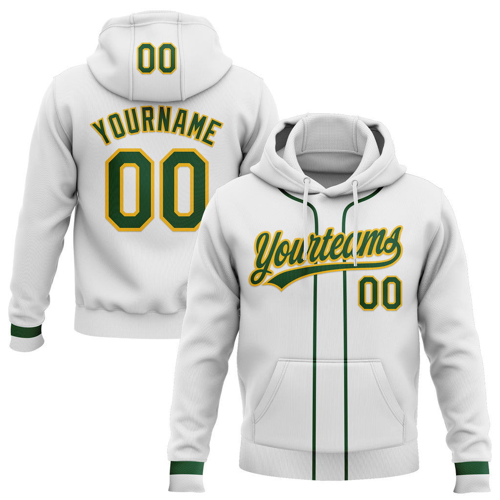 Custom Stitched White Green-Gold Baseball Pullover Sweatshirt Hoodie