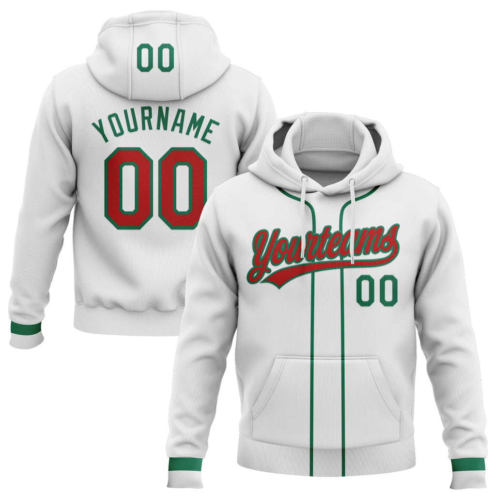 Custom Stitched White Red-Kelly Green Baseball Pullover Sweatshirt Hoodie