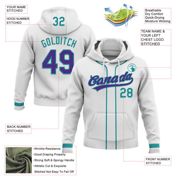 Custom Stitched White Purple-Teal Baseball Pullover Sweatshirt Hoodie