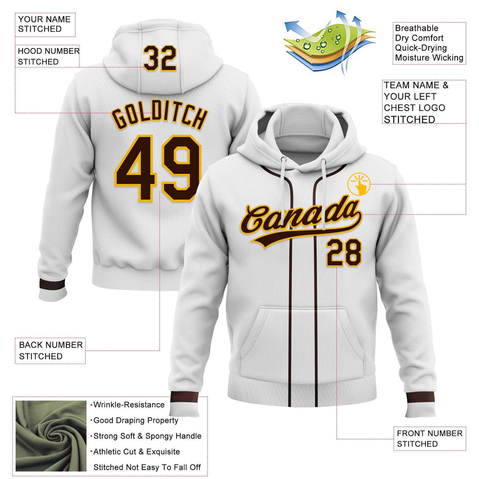 Custom Stitched White Brown-Gold Baseball Pullover Sweatshirt Hoodie