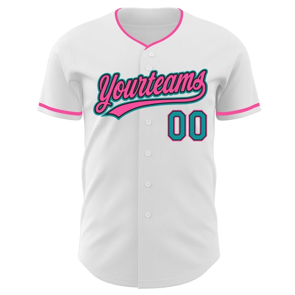 Custom White Teal Black-Pink Authentic Baseball Jersey