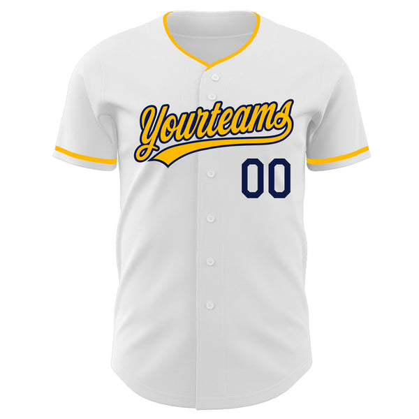 Custom White Gold-Navy Authentic Baseball Jersey