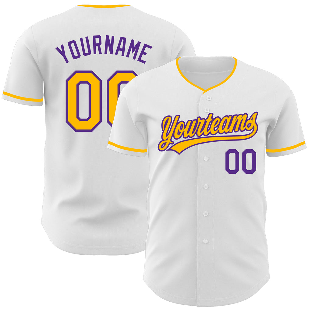 Custom White Gold-Purple Authentic Baseball Jersey