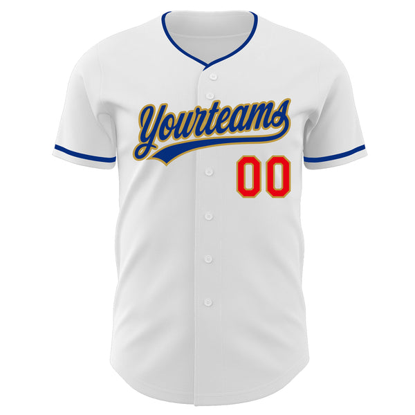 Custom White Fire Red Royal-Old Gold Authentic Baseball Jersey